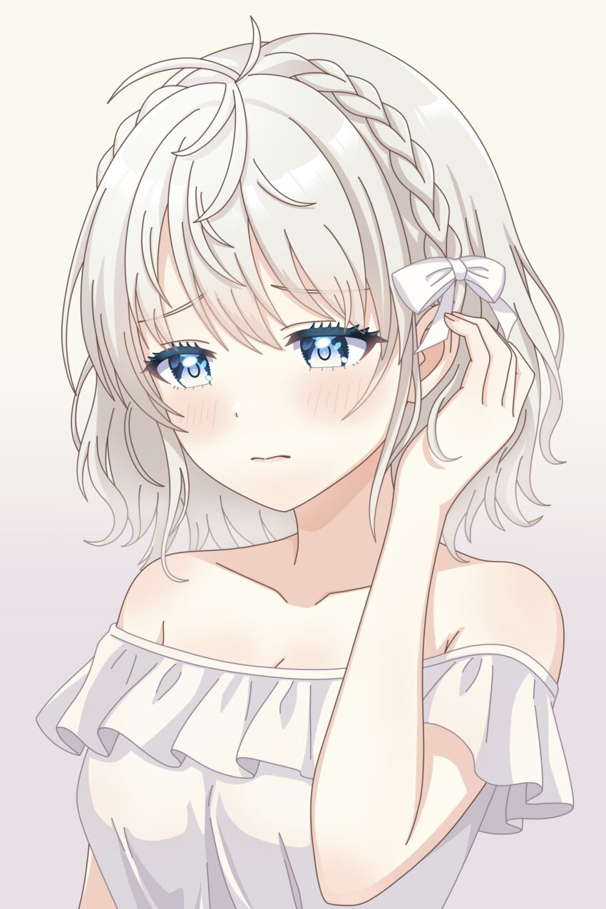 1girl, absurdres, antenna_hair, bare_shoulders, blonde_hair, blue_eyes, blush, bow