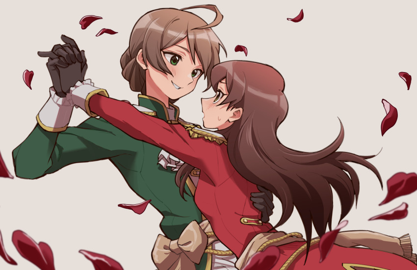 2girls, ahoge, black_gloves, blush, braid, brown_hair, commentary_request, dancing, etoile_brilliant_(idolmaster), eye_contact, face-to-face, gloves, green_eyes, green_jacket, grin, highres, holding_hands, idolmaster, idolmaster_million_live!, idolmaster_million_live!_theater_days, jacket, kitazawa_shiho, long_hair, long_sleeves, looking_at_another, multiple_girls, official_alternate_costume, opera_seria_kiramekiza, red_jacket, sakuramori_kaori, short_hair, smile, tarako_oniyon, yuri
