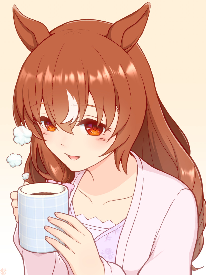 1girl, animal_ears, blush, brown_hair, collarbone, commentary_request, cup, hair_between_eyes