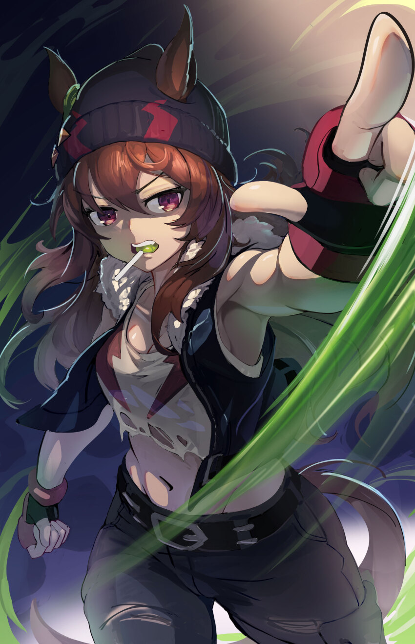 1girl, absurdres, alex_(street_fighter), alex_(street_fighter)_(cosplay), alternate_costume, animal_ears, beanie, belt