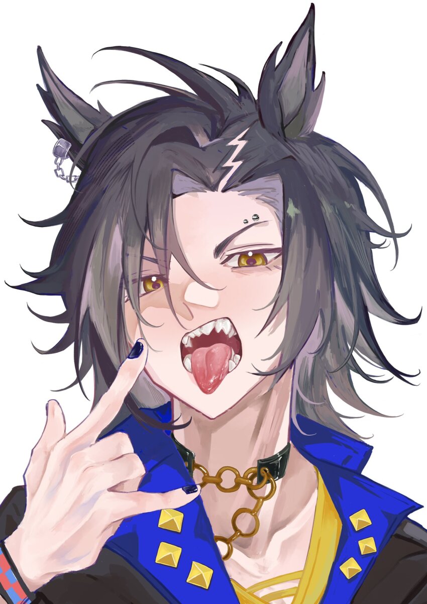 1girl, air_shakur_(umamusume), air_shakur_(unsigned)_(umamusume), animal_ears, black_hair, black_jacket, black_nails, collarbone