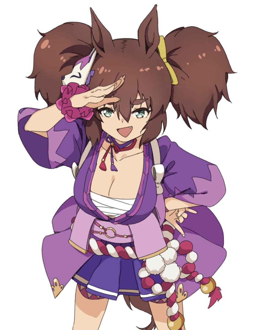 1girl, animal_ears, archives.gokulism, blue_eyes, breasts, brown_hair, chest_sarashi, cleavage