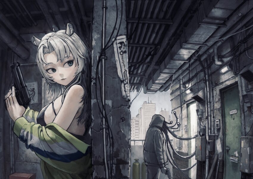 1boy, 1girl, absurdres, android, animal_ears, apartment, beretta_92, blue_eyes, breasts, cable, city, commentary_request, commission, cyberpunk, door, grey_hair, gun, handgun, hiding, highres, holding, holding_gun, holding_weapon, hood, hood_up, industrial_pipe, jacket, kamikairo, long_hair, original, parted_bangs, parted_lips, science_fiction, skeb_commission, trigger_discipline, weapon