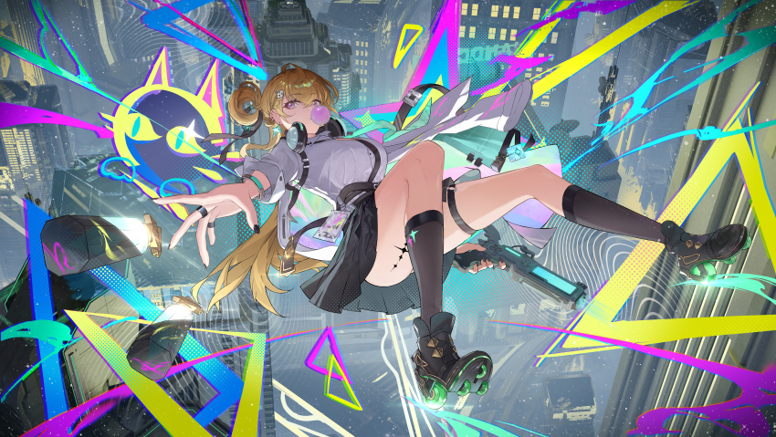 1girl, absurdres, black_nails, black_shoes, black_skirt, black_socks, blonde_hair, blowing_bubble_gum