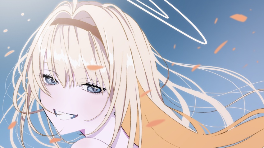 1girl, blonde_hair, blue_eyes, close-up, commentary_request, crymachina, enoa_(crymachina), guest_art, halo, highres, long_hair, looking_at_viewer, petals, smile, solo, wind, yamashita_riri