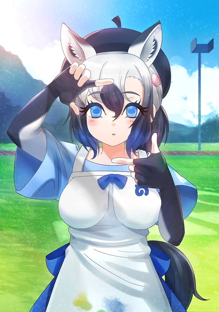 1girl, animal_ear_fluff, animal_ears, apron, artist_request, asymmetrical_bangs, beret, black_gloves