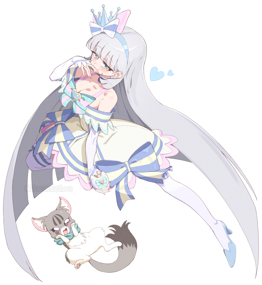 1girl, :d, animal_ear_hairband, animal_ears, aqua_bow, aqua_scrunchie, blue_bow, blue_choker