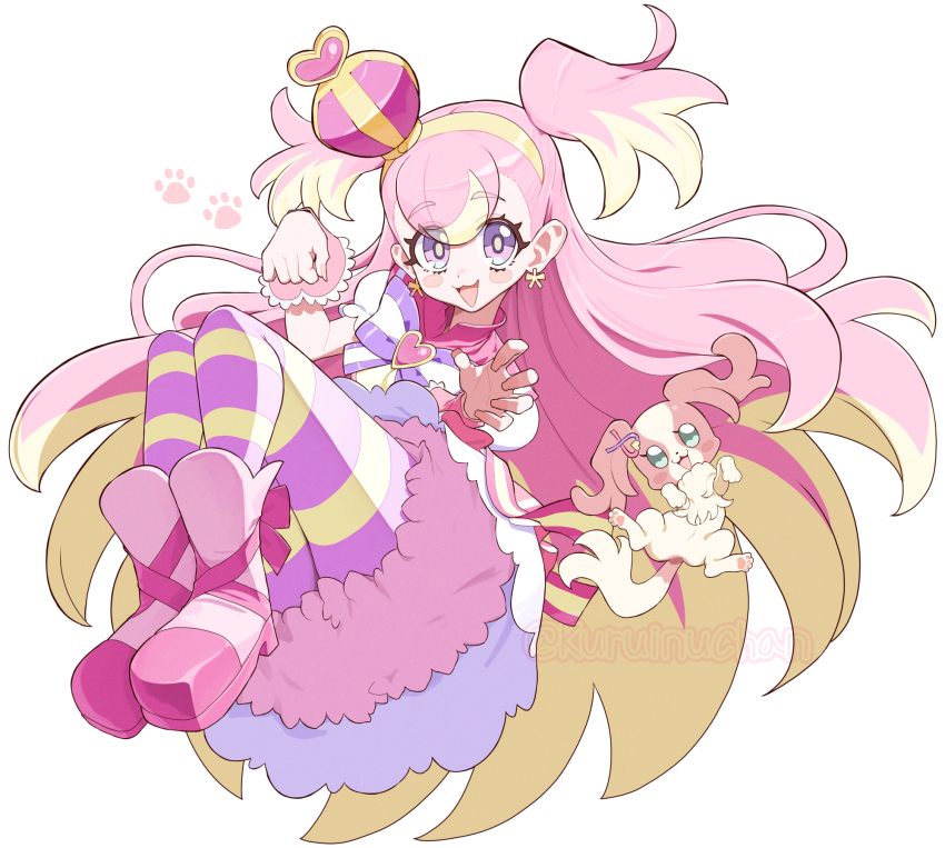 1girl, :3, :d, arched_crown, blonde_hair, blush_stickers, boots, bow