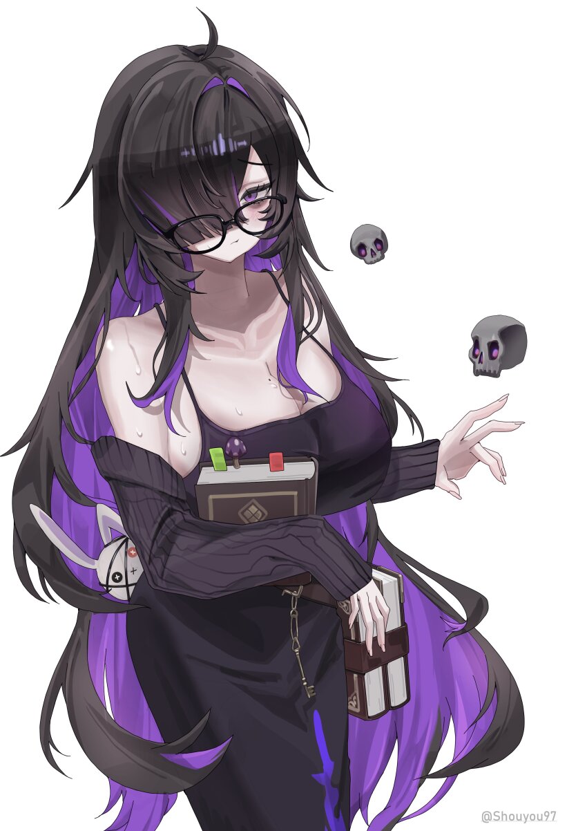 1girl, absurdres, bags_under_eyes, belt, black-framed_eyewear, black_cardigan, black_dress, black_hair