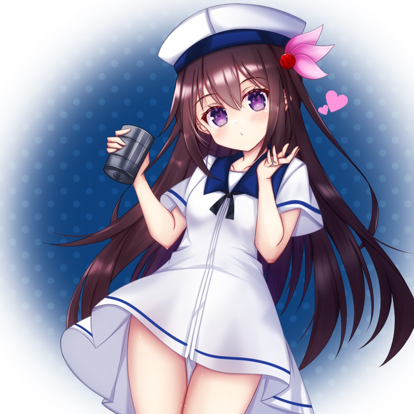 1girl, blue_sailor_collar, blush, breasts, brown_hair, commentary_request, cosplay, cowboy_shot, cvtm, depth_charge, dress, hair_ornament, hat, highres, kantai_collection, kisaragi_(kancolle), long_hair, looking_at_viewer, open_mouth, purple_eyes, sailor_collar, sailor_dress, short_sleeves, small_breasts, smile, solo