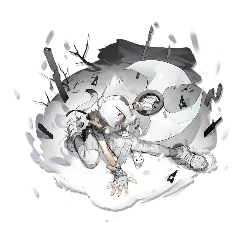 1girl, a_gui, animal, animal_ears, arknights, arm_support, blue_eyes, fingerless_gloves