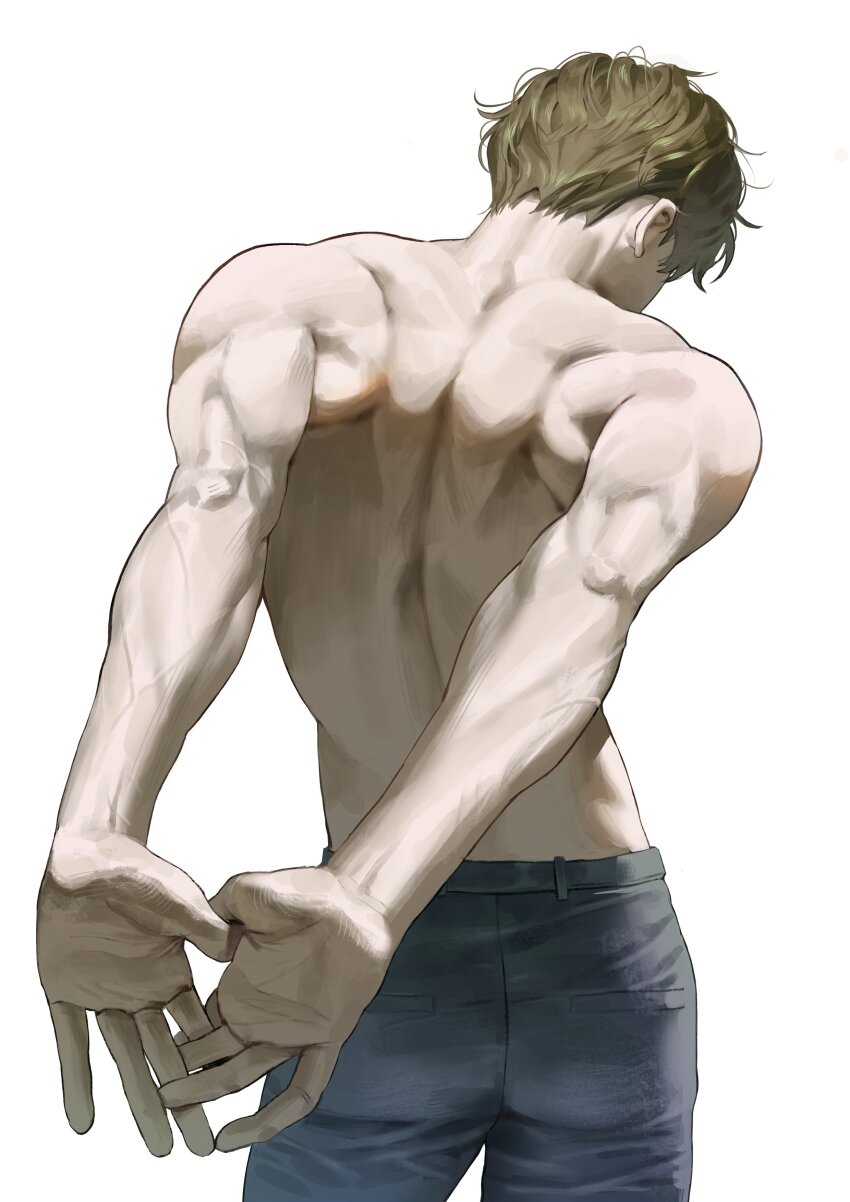 1boy, absurdres, arms_behind_back, back, back_muscles, blue_pants, brown_hair, contrapposto