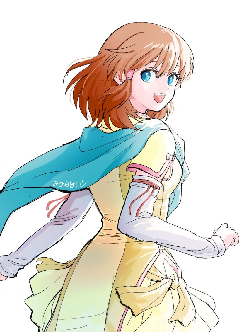 1girl, :d, aonagimay, blue_cape, blue_hair, breasts, brown_hair, cape