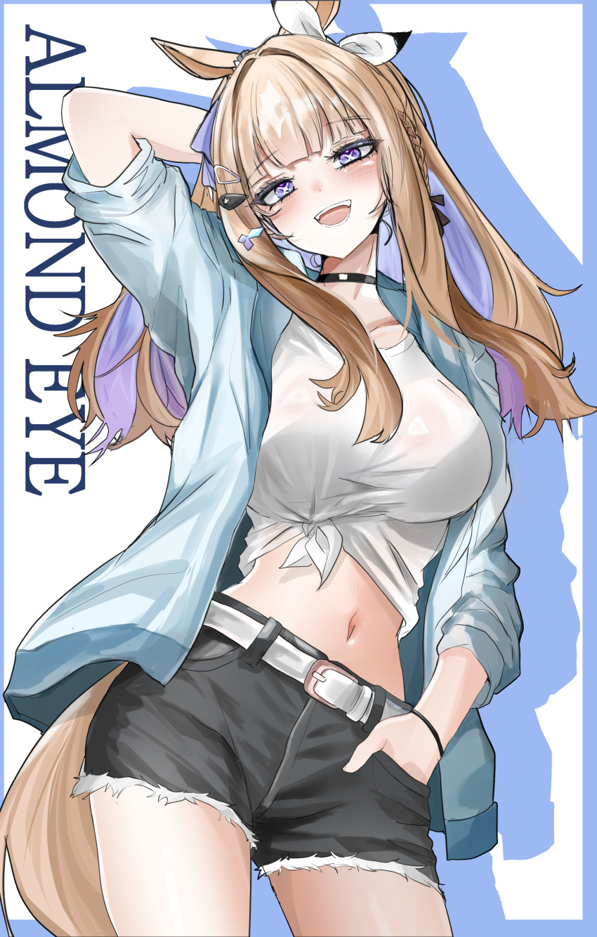1girl, absurdres, almond_eye_(umamusume), alternate_costume, animal_ears, arm_behind_head, arm_up, belt, belt_buckle, black_choker, black_shorts, blue_eyes, blue_hair, blue_jacket, blush, bow, bow_hairband, bra_visible_through_clothes, breasts, brown_hair, brown_tail, buckle, choker, contrapposto, cowboy_shot, cross-shaped_pupils, hair_intakes, hair_ornament, hairband, hairclip, hand_in_pocket, highres, hoduchamchi, horse_ears, horse_girl, horse_tail, jacket, large_breasts, long_hair, looking_at_viewer, midriff, multicolored_hair, navel, open_mouth, shirt, short_shorts, shorts, sleeves_rolled_up, smile, solo, stomach, streaked_hair, symbol-shaped_pupils, tail, teeth, thighs, tied_shirt, too_many_hair_ornaments, umamusume, upper_teeth_only, white_belt, white_bow, white_shirt, x-shaped_pupils