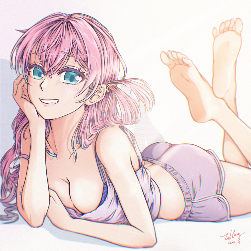 1girl, absurdres, aqua_eyes, barefoot, blue_bra, bra, bra_peek, breasts, cleavage, collarbone, commentary, dated, feet, fuufu_ijou_koibito_miman., grin, hair_between_eyes, hair_tied_together, head_rest, highres, large_breasts, light_blush, long_hair, looking_at_viewer, lying, on_stomach, pajamas, pink_hair, purple_pajamas, purple_shirt, purple_shorts, shirt, shorts, side_ponytail, signature, smile, solo, t830625, underwear, watanabe_akari