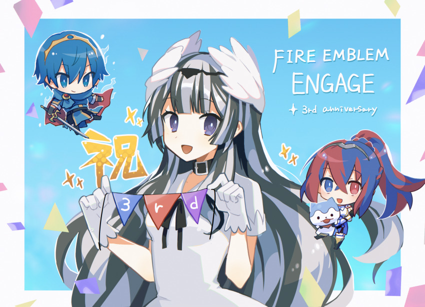 1boy, 1other, 2girls, anniversary, aura, black_choker, black_hair, blue_aura