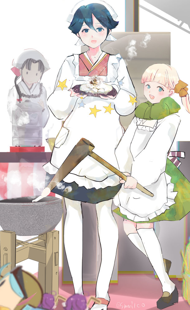 3girls, apron, black_shirt, blonde_hair, blunt_bangs, commentary_request, green_skirt, houshou_(kancolle)