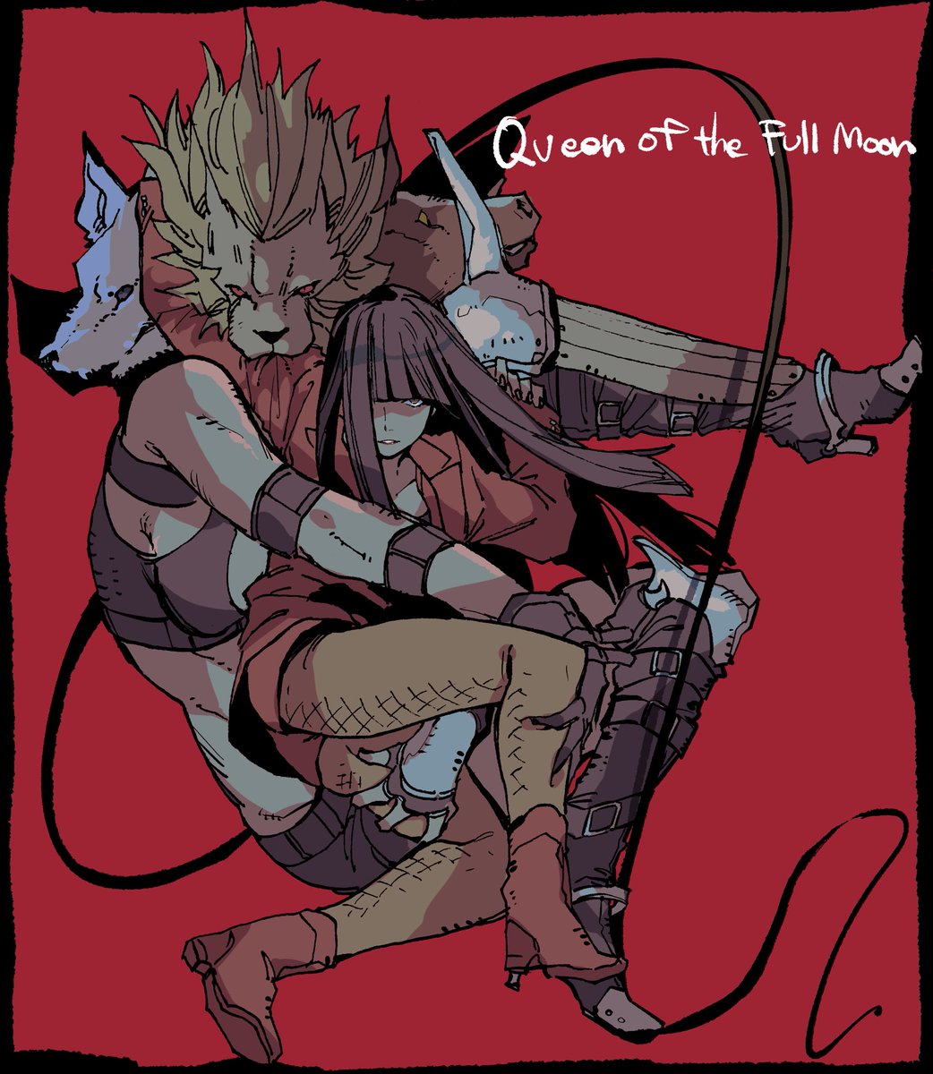 2girls, animal_head, bad_id, bad_twitter_id, belt, blunt_bangs, boots, demon_(megami_tensei)