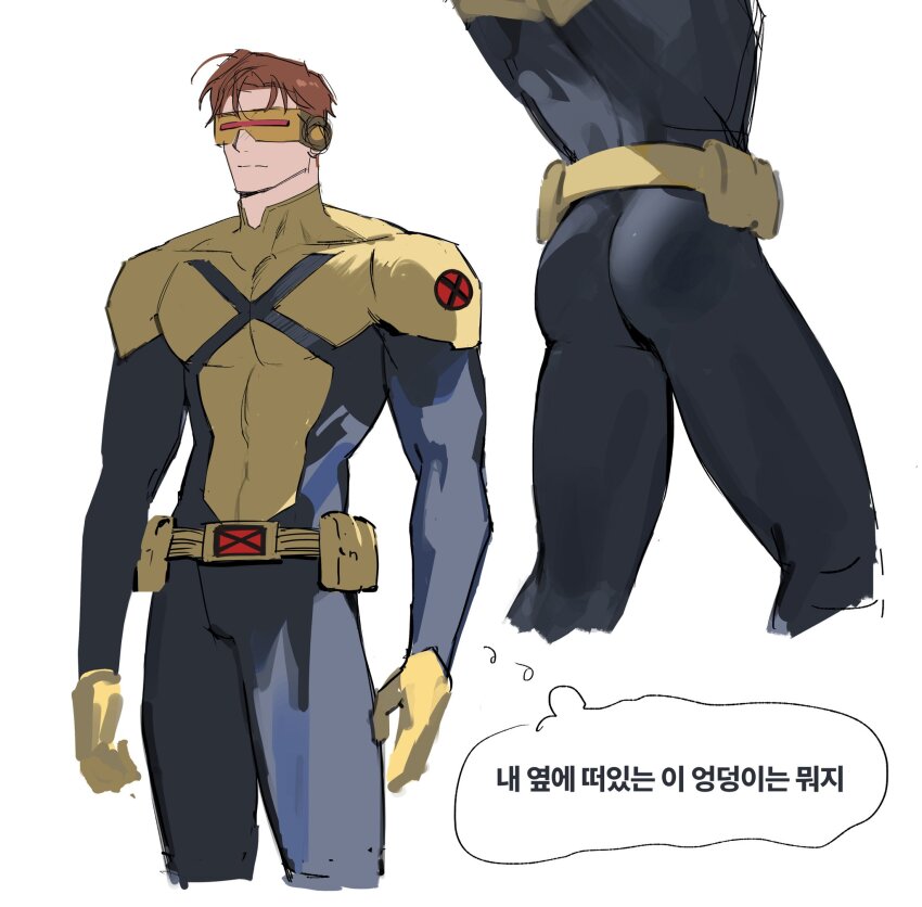 1boy, ass, bodysuit, brown_hair, commentary_request, cyclops_(x-men), gloves, head-mounted_display, highres, korean_commentary, male_focus, marvel, muscular, muscular_male, short_hair, solo, superhero_costume, tjfclfb, x-men, yellow_gloves