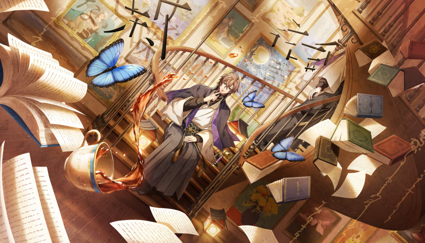 1boy, antique_phone, black_hakama, black_pants, black_shoes, blue_butterfly, book, brown_hair