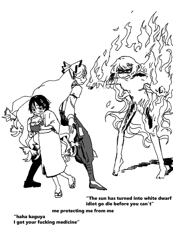 3girls, baggy_pants, blush, bow, burning, english_text, frown, fujiwara_no_mokou