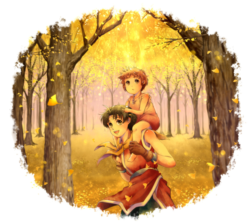 1boy, 1girl, autumn, barefoot, brown_eyes, brown_hair, carrying, child