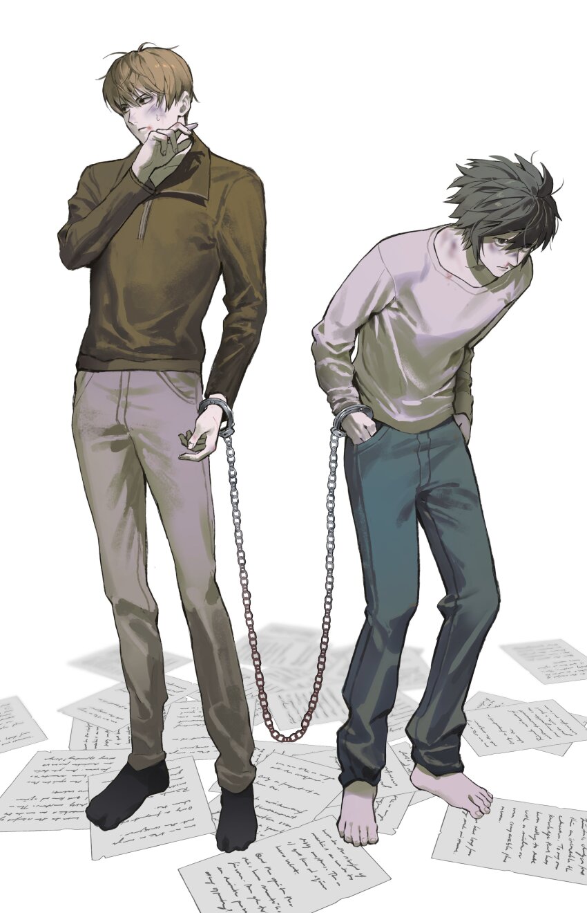 2boys, absurdres, bent_back, black_hair, black_shirt, black_socks, blue_pants, brown_hair
