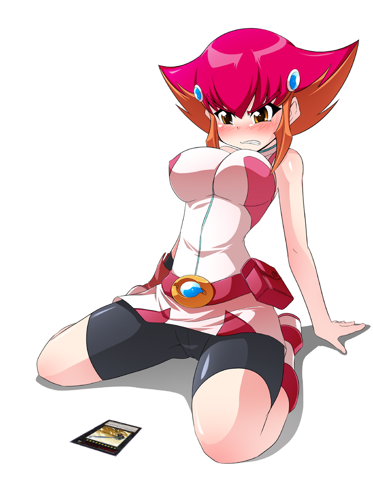 1girl, arm_support, belt, bike_shorts, blush, breasts, bunji, cameltoe, card, clenched_teeth, duel_monster, female_focus, hair_ornament, kouzuki_anna, large_breasts, multicolored_hair, orange_hair, pink_hair, sitting, solo, super_dreadnought_cannon_express_gustaph_max, teeth, utility_belt, wariza, yu-gi-oh!, yu-gi-oh!_zexal, yuu-gi-ou, yuu-gi-ou_zexal