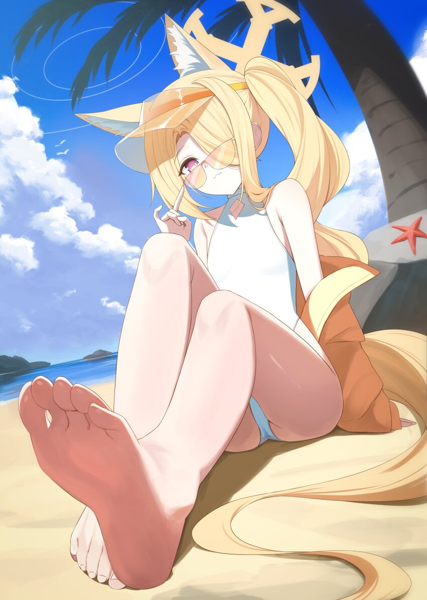 1girl, :3, absurdres, animal_ear_fluff, animal_ears, arm_at_side, arm_support, barefoot, beach, blonde_hair, blue_archive, blue_sky, closed_mouth, cloud, crotch_seam, curtained_hair, day, feet, flat_chest, foot_focus, full_body, hair_over_one_eye, halo, hand_up, highres, loli, long_bangs, long_hair, looking_at_viewer, multicolored_eyes, ocean, on_ground, one-piece_swimsuit, one_eye_covered, outdoors, palm_tree, panties, ring_of_light_(blue_archive), sand, seia_(blue_archive), seia_(swimsuit)_(blue_archive), side_ponytail, sitting, sky, soles, solo, swimsuit, tail, tinted_eyewear, toes, tree, two-tone_eyes, underwear, very_long_hair, visor_cap, white_one-piece_swimsuit, white_panties, yellow-tinted_eyewear, yellow_halo, yt9676