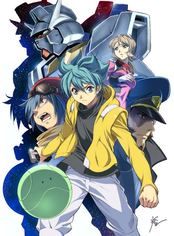10s, 1girl, 3boys, dique_gunhale, emily_armond, flit_asuno, goggles, goggles_on_head, grodek_ainoa, gundam, gundam_age, gundam_age-1, gundam_age-1_normal, haro, hat, homare_(fool's_art), jacket, jpeg_artifacts, mecha, military, military_hat, military_uniform, multiple_boys, robot, signature, space, star_(sky)