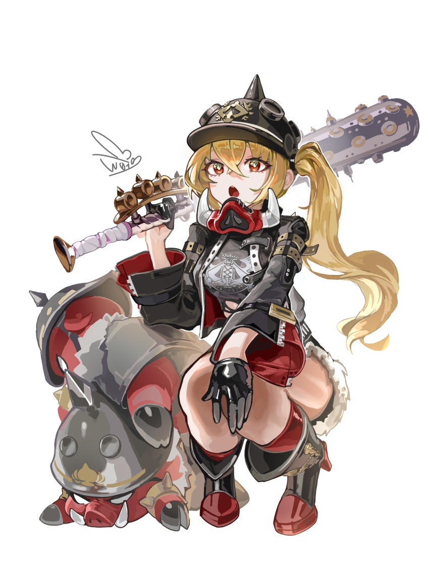 1girl, absurdres, baseball_bat, black_gloves, black_helmet, blonde_hair, boar, boots