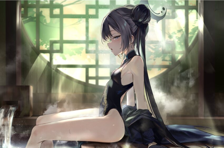 1girl, aritsuno, black_dress, blue_archive, braid, braided_bun, breasts, china_dress