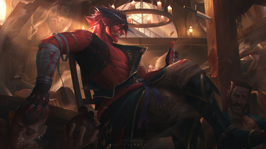 1boy, abs, absurdres, arm_tattoo, artist_name, bandaged_arm, bandages, beaten