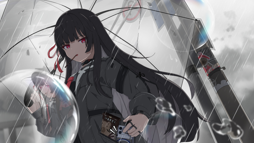 1girl, absurdres, black_choker, black_hair, black_jacket, black_shirt, breasts, bubble