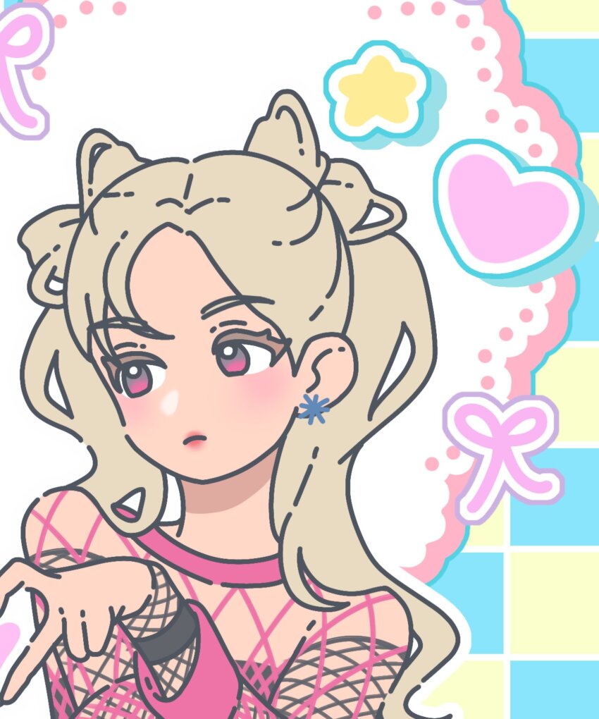 1girl, aespa, bleumoonade, blonde_hair, closed_mouth, commentary, earrings, fishnet_top