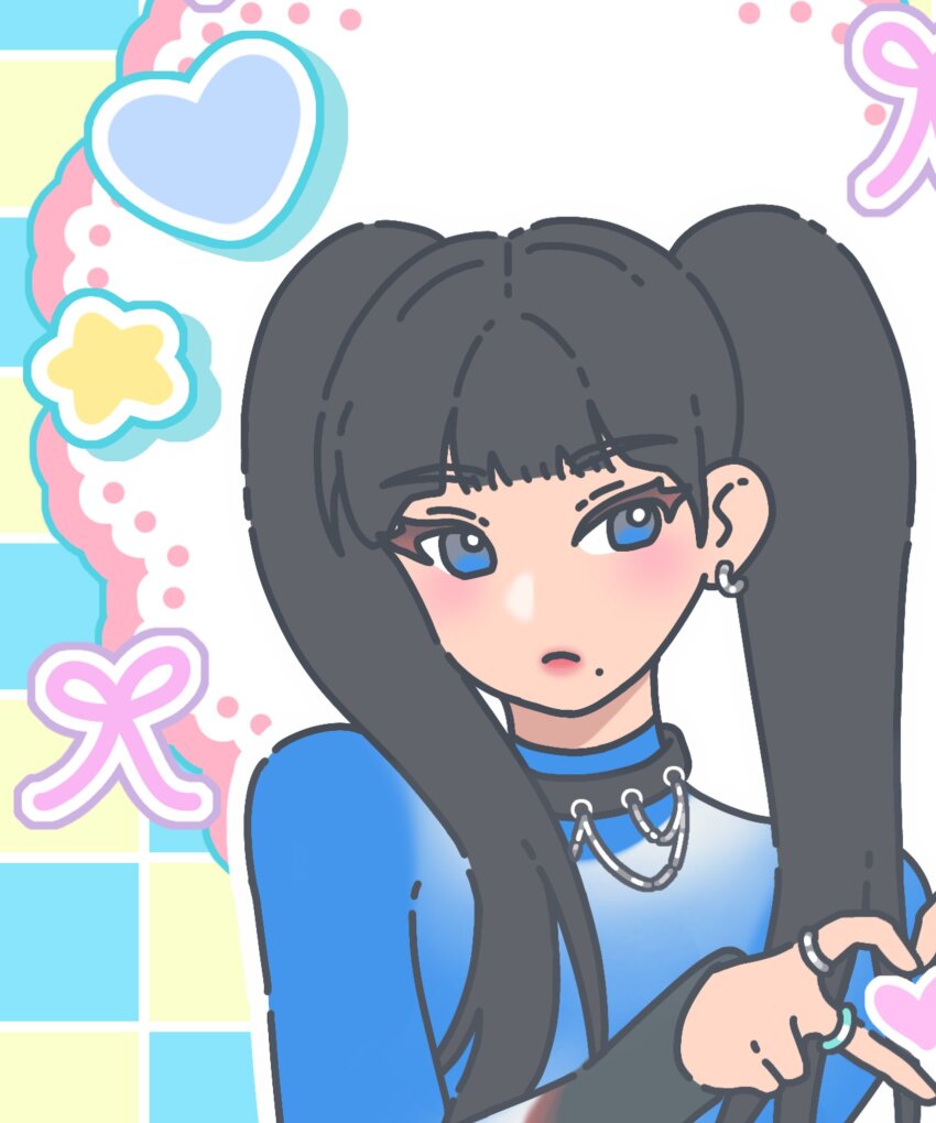 1girl, aespa, black_hair, bleumoonade, blue_eyes, choker, closed_mouth, eyelashes