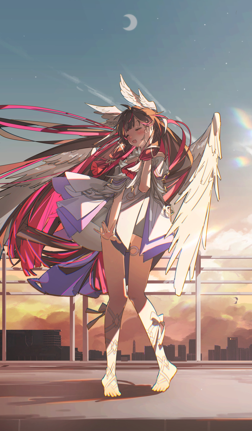 1girl, absurdres, barefoot, black_hair, blush, cloak, closed_eyes, colored_inner_hair, columbina_(genshin_impact), commentary, coomlee, crescent_moon, dress, feathered_wings, full_body, genshin_impact, head_wings, highres, long_hair, moon, multicolored_hair, open_mouth, pink_hair, short_dress, sky, skyline, solo, standing, two-tone_hair, very_long_hair, white_cloak, white_dress, white_wings, wings