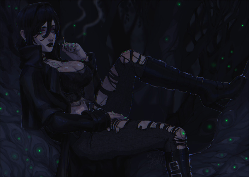 1girl, absurdres, black_hair, blackberreh-art, boots, breasts, cigarette, cleavage, coat, crop_top, ear_piercing, earrings, eye_tattoo, face_piercing, finger_tattoo, fishnet_gloves, fishnets, genderswap, genderswap_(mtf), gerard_keay, gloves, goth_fashion, highres, holding, holding_cigarette, jacket, jewelry, large_breasts, lips, long_hair, makeup, midriff, multiple_piercings, neck_tattoo, nose_piercing, nose_ring, pants, piercing, scar, septum_piercing, shirt, sitting, smoke, snakebite_(piercing), tattoo, the_magnus_archives, torn_clothes, torn_pants