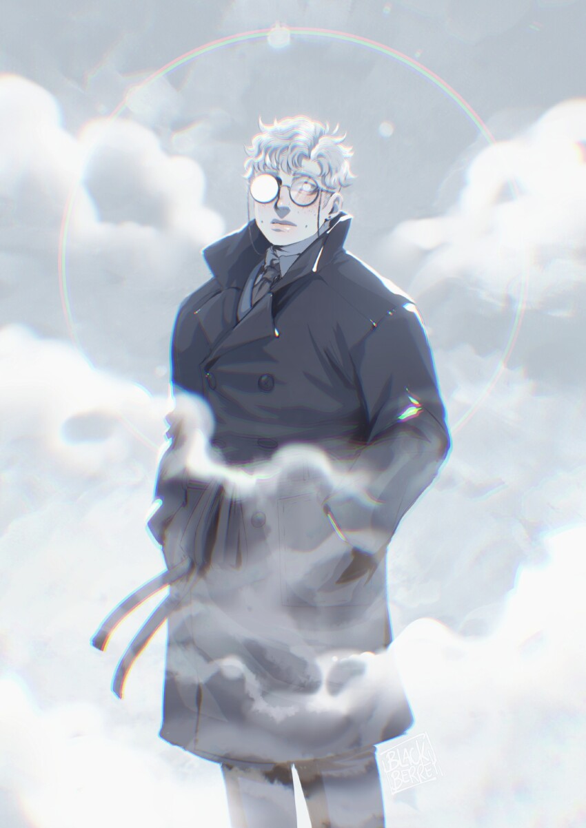 1boy, blackberreh-art, blush, cloud, coat, colored_skin, design_speculation, dimple