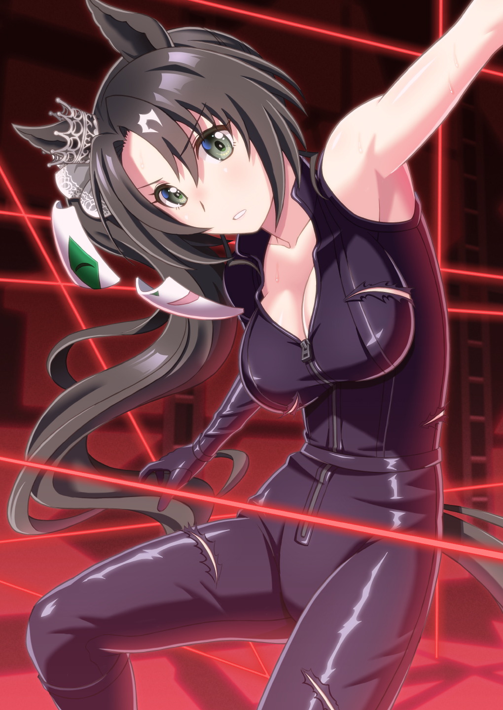 1girl, animal_ears, asymmetrical_sleeves, black_bodysuit, black_hair, bodysuit, breasts, broken_mask