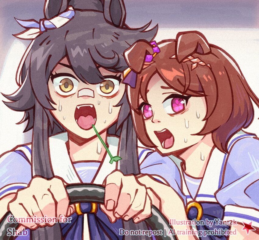 2girls, animal_ears, bandaid, bandaid_on_face, bandaid_on_nose, black_hair, bow, bowtie, brown_hair, car, chainsaw_man, commentary, commission, driving, english_commentary, flower-shaped_pupils, flower_in_eye, hair_between_eyes, holding_detached_steering_wheel, horrified, horse_ears, horse_girl, jaw_drop, long_hair, meme, motor_vehicle, mouth_hold, multiple_girls, narita_brian_(umamusume), nervous_sweating, non-web_source, open_mouth, pink_eyes, ponytail, power_crashes_kobeni's_car_(meme), puffy_short_sleeves, puffy_sleeves, purple_bow, purple_bowtie, purple_eyes, purple_shirt, sailor_collar, sailor_shirt, sakura_laurel_(umamusume), scared, scene_reference, school_uniform, shirt, short_hair, short_sleeves, stalk_in_mouth, steering_wheel, sweat, symbol-shaped_pupils, symbol_in_eye, teeth, tracen_school_uniform, umamusume, umamusume:_star_blossom, white_sailor_collar, wide-eyed, yant2k, yellow_eyes