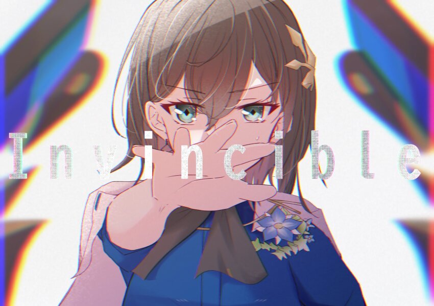 1girl, aoi_erika, aoi_erika_(connect_legacy), black_hair, blue_eyes, english_text, hair_ornament, heaven_burns_red, highres, looking_at_viewer, neck_ribbon, reaching, reaching_towards_viewer, ribbon, short_hair, sweatdrop, tsuki_mi925