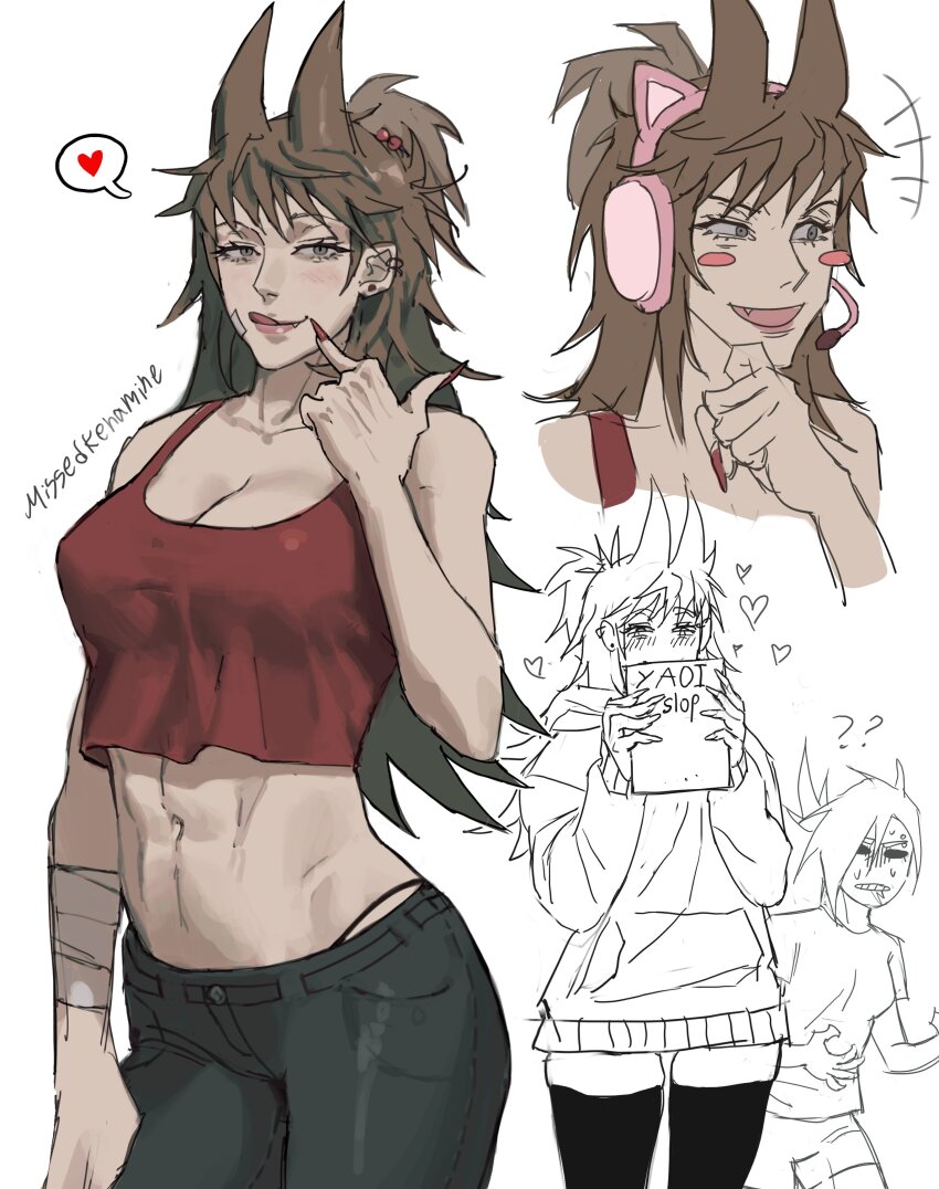 2girls, ?, ??, absurdres, animal_ear_headphones, animal_ears, animification, artist_name, bandage_on_cheek, bandaged_arm, bandages, black_pants, blush_stickers, book, breasts, brown_hair, cat_ear_headphones, cat_ears, cleavage, commentary, cowboy_shot, crop_top, eddsworld, english_commentary, fake_animal_ears, fang, flipped_hair, fujoshi, grey_eyes, hair_bobbles, hair_ears, hair_ornament, hand_up, headphones, heart, highres, holding, holding_book, hood, hood_down, hoodie, large_breasts, licking_lips, long_hair, long_sleeves, looking_at_viewer, midriff, missedkenamine, multiple_girls, multiple_views, navel, official_alternate_costume, open_mouth, pants, ponytail, pornography, red_nails, red_tank_top, short_hair, short_ponytail, simple_background, sketch_inset, smile, standing, tamara_(eddsworld), tank_top, thighhighs, tongue, tongue_out, topknot, tori_(eddsworld), very_long_fingernails, white_background, yaoi_(object)