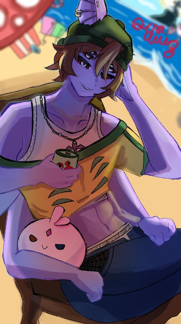 1boy, acra_wuz_ofc, animal_ears, baseball_cap, bat_boy, bat_ears, beach, bead_necklace, beads, blonde_streaks, blue_eyes, brazil, brown_hair, can, carol_(lilum), colored_sclera, colored_skin, cropped_shirt, dante_will, dante_will_(bat), dante_will_(summer_2026), extra_arms, extra_eyes, guarana, hat, heterochromia, highres, holding, holding_can, indie_virtual_youtuber, jewelry, male_focus, male_underwear, male_underwear_peek, necklace, orange_eyes, purple_skin, red_sclera, shirt, shorts, smile, undershirt, underwear, wings, yellow_shirt