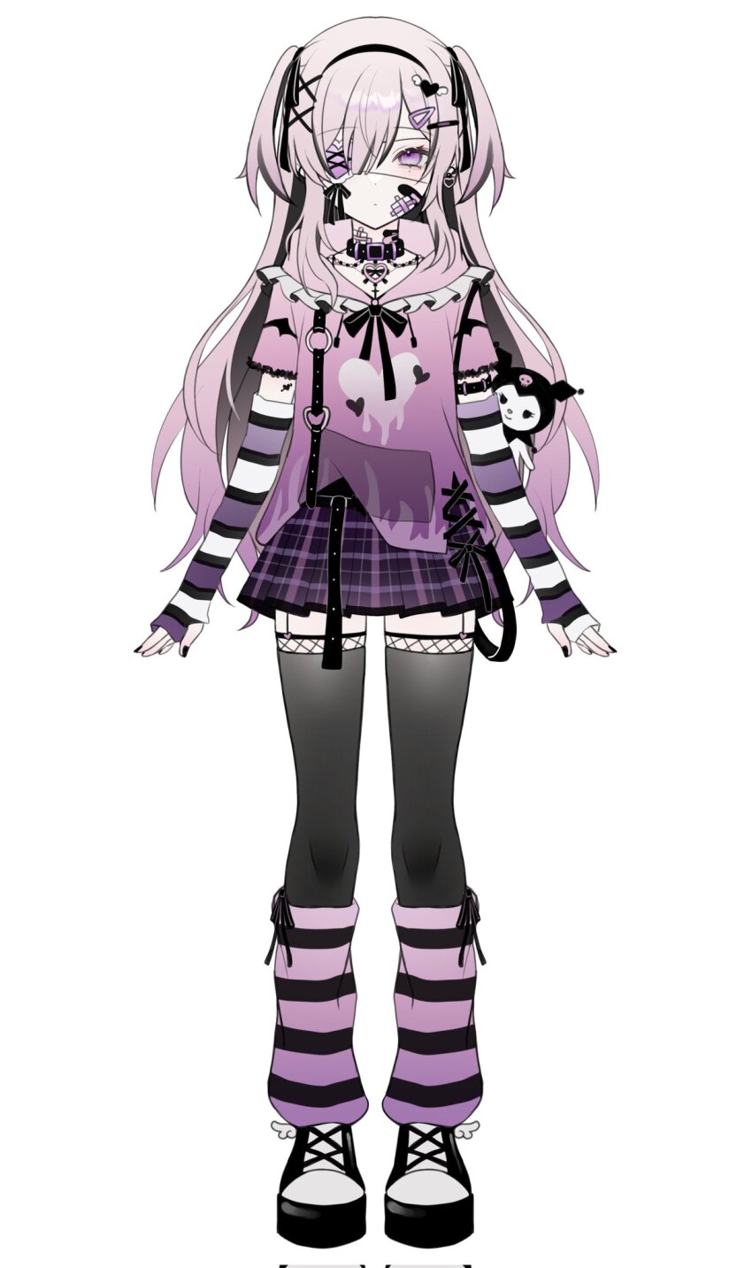 1girl, aegyo_sal, arm_tattoo, arm_warmers, arms_at_sides, bandaid, bandaid_on_cheek, bandaid_on_face