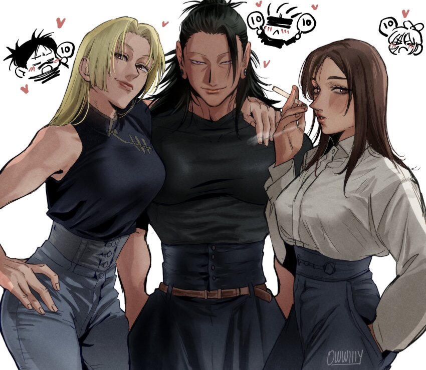 3boys, 3girls, absurdres, black_hair, black_shirt, blonde_hair, blush, breasts, brown_eyes, brown_hair, chibi, choso_(jujutsu_kaisen), cigarette, commentary, cowboy_shot, english_commentary, geto_suguru, gojo_satoru, hand_in_pocket, hand_on_own_hip, highres, holding, holding_cigarette, ieiri_shoko, iori_utahime, jujutsu_kaisen, long_hair, looking_at_viewer, multiple_boys, multiple_girls, owwllly, pants, shirt, sidelocks, simple_background, single_sidelock, sleeveless, sleeveless_shirt, smile, smoke, tsukumo_yuki_(jujutsu_kaisen), white_background