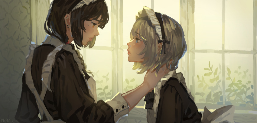 2girls, absurdres, apron, back_bow, black_bow, black_bowtie, black_dress, black_hair, black_hairband, blue_eyes, bow, bowtie, brown_eyes, bush, buttons, closed_mouth, collared_shirt, commentary_request, criss-cross_back-straps, cross, cross_earrings, day, dress, earrings, expressionless, face-to-face, frilled_apron, frills, frithuric, from_side, grey_hair, hair_bow, hairband, hand_on_own_neck, highres, indoors, jewelry, light_blush, light_frown, lipstick, long_sleeves, maid, maid_headdress, makeup, mole, mole_under_eye, multiple_girls, original, pink_lips, pointy_nose, shirt, short_hair, single_stripe, sleeve_cuffs, striped_bow, upper_body, white_apron, white_bow, window, yuri