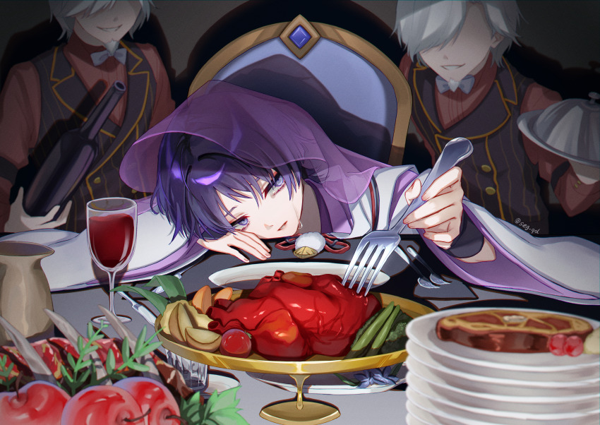 2boys, absurdres, apple, arm_strap, armor, black_vest, blunt_ends, bow