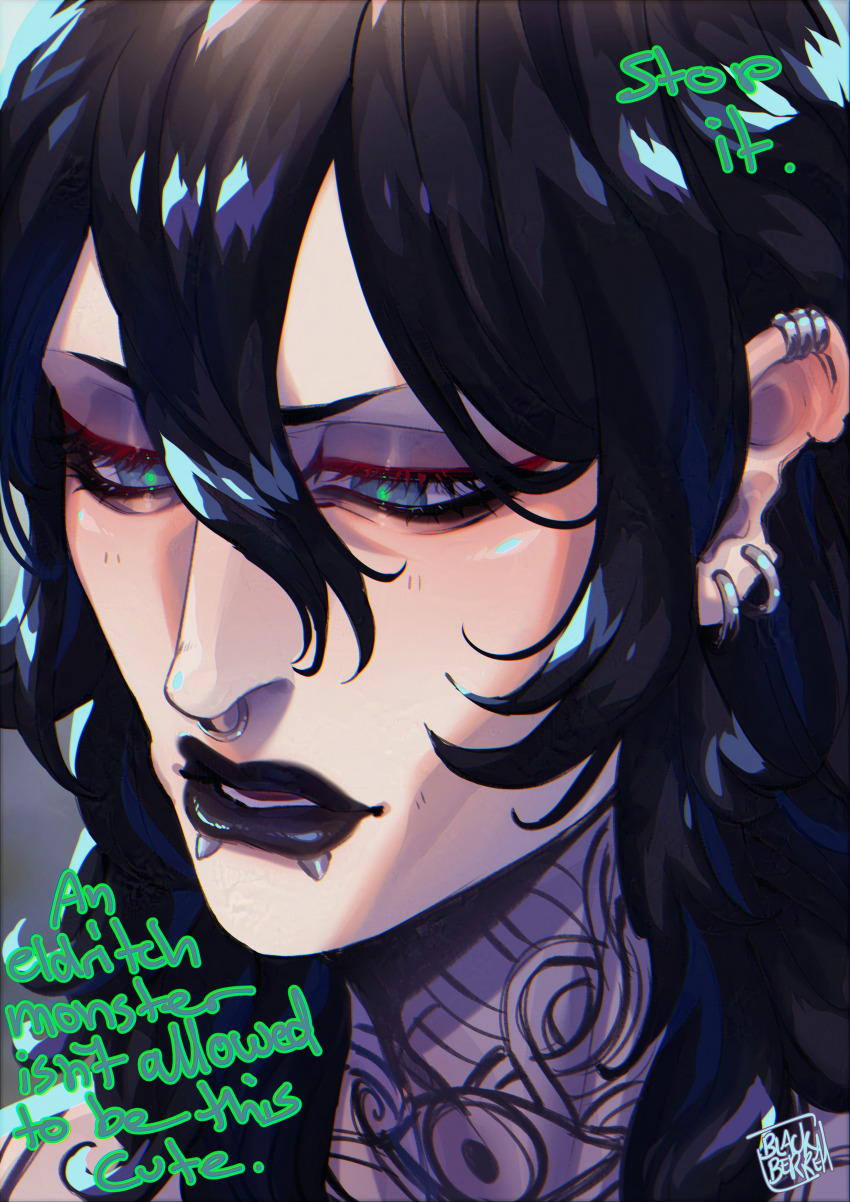 1boy, absurdres, black_hair, blackberreh-art, blonde_hair_roots, design_speculation, ear_piercing, earrings