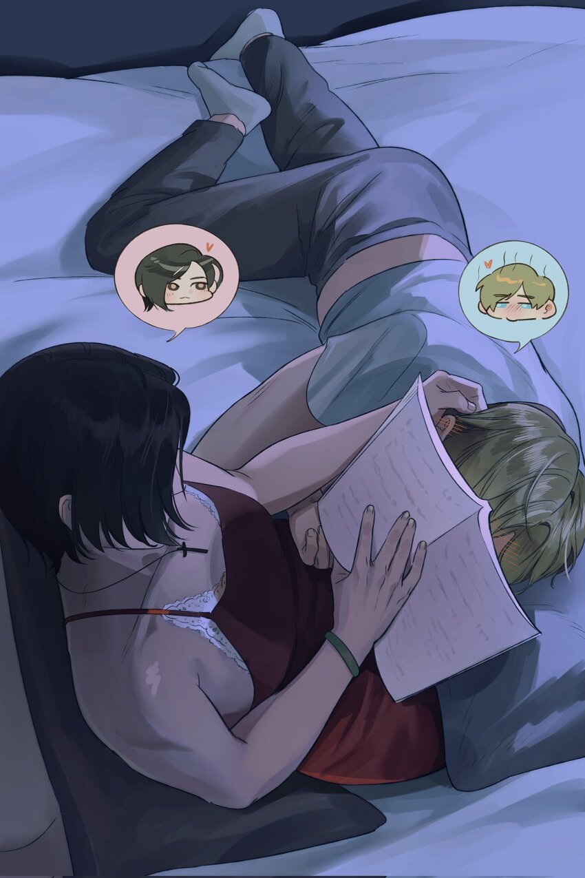 1boy, 1girl, ada_wong, bare_shoulders, black_hair, blonde_hair, blush, bracelet